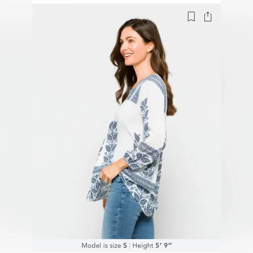 NWT | Daniel Rainn | Amely Boho Split Neck Top | White/Navy | Medium - Picture 9 of 10